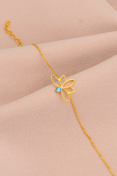 Bilsen Store 925 Ayar Gümüş Zincirli Altın Kaplama Akuamarin Taşlı Lotus Çiçe...