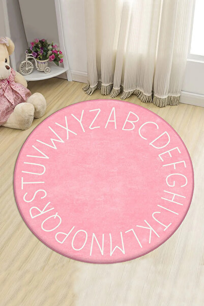 halıpera Dijital Baskılı Kaymaz Taban Yikanabilir Yuvarlak Harfler Pembe Beya...