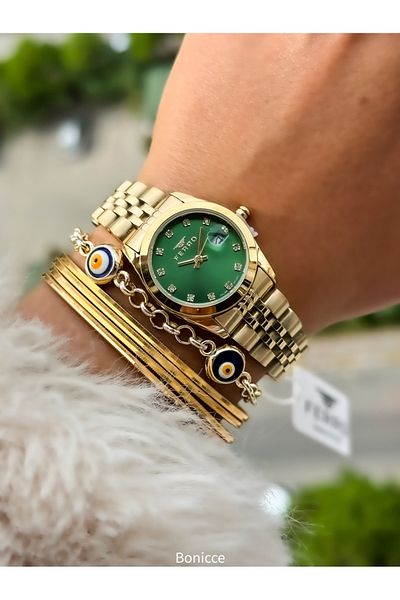 FERRO Brand Steel Cord, Yellow Color, Small Case Women's Wrist Watch + Evil Eye Beaded Bracelet