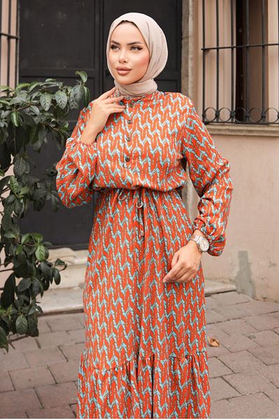 Bestenur Orange Hijab Dress - Çelen Half Buttoned, Model 1206
