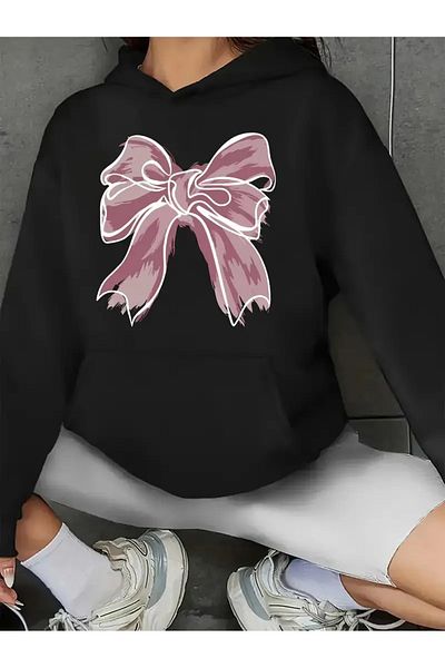 WOODROFFE Women's Bow Printed Black Gray Hooded Kangaroo Pocket Unisex Oversize Sweatshirt