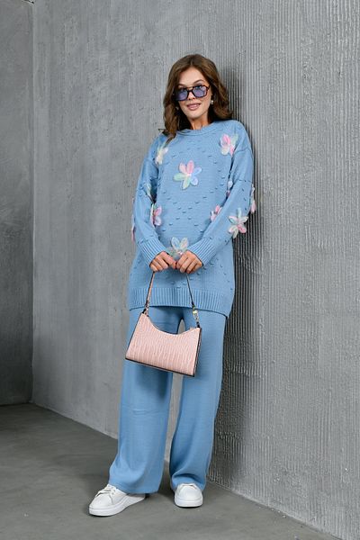Miss Allos Tulle Floral Patterned Checkered Knitwear Sweater and Pants Set - Women