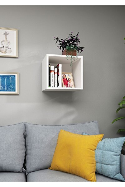 Dekormer Design Kitaplık Kare Duvar Rafı Tekli Arkalıklı Mobilya Takım Beyaz