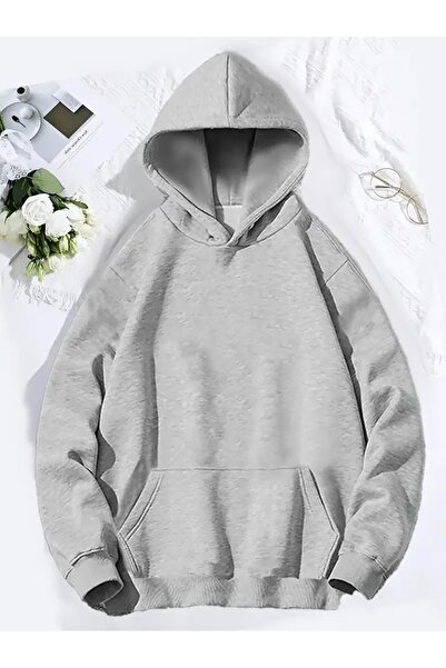 WOODROFFE Оверсайз унисекс суитшърт с качулка в черно и сиво с мечешки принт - кенгуру джоб