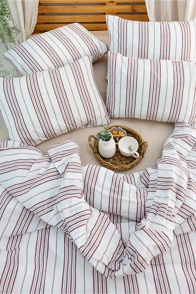 Mercury Natural Double Cotton Sheet Elastic Striped Duvet Cover Set