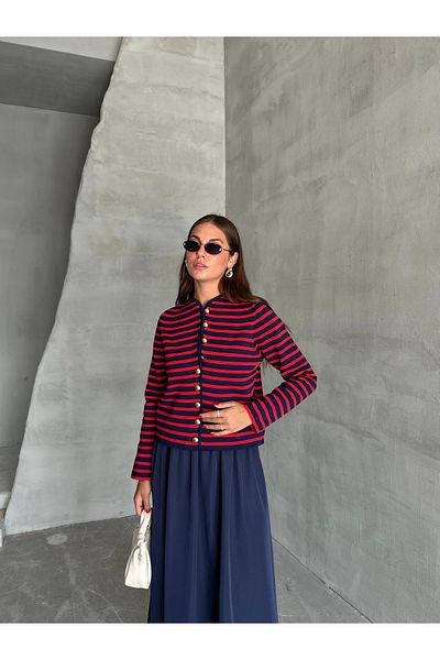 Laluvia Marineblau-rote, kragenlose, gestreifte, gemusterte Strickjacke mit Goldknöpfen-4366