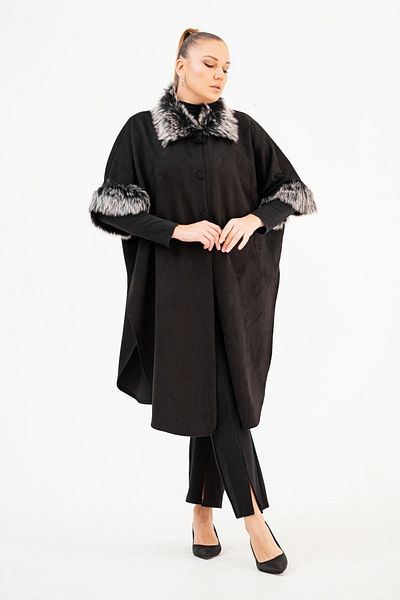 EVEN plus size Black Fur Collar Large Size Poncho