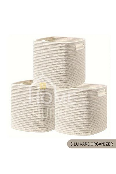 HomeTurko Jute 3-Piece Cute Straw Square Storage Set - for Home, Office, Room and Hotel