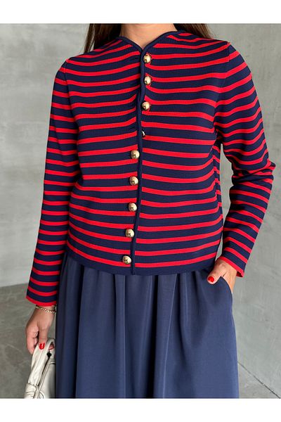 Laluvia Marineblau-rote, kragenlose, gestreifte, gemusterte Strickjacke mit Goldknöpfen-4366