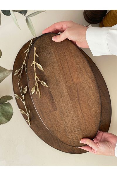 NOBLERAVEN DESIGN Wooden Tray, Decorative Tray, Brass Handle, Dark Color, Medium Size