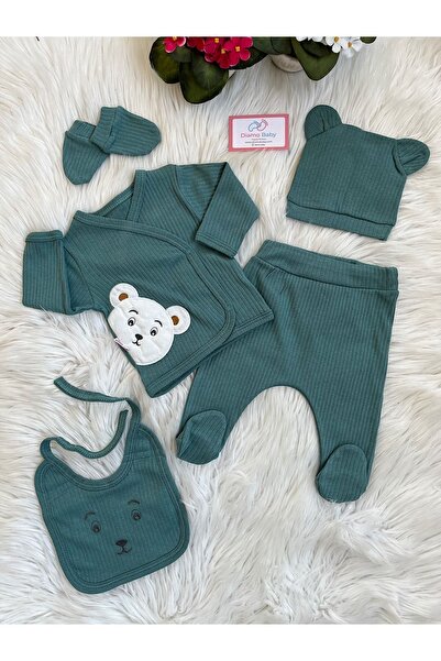 Beyaz Bebek Bear Minimal Çam Yeşil 5 Li Yenidoğan Hastane Çıkışı Seti
