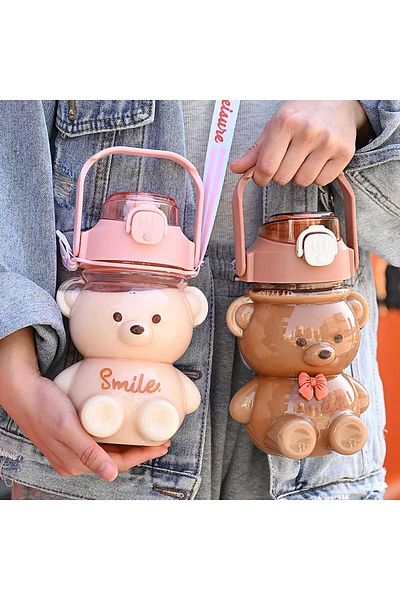 FETHİYE TOPTAN Smile Teddy Bear Model Water Bottle Water Bottle Water Bottle 1000 ML Student Water Bottle School Water Bottle Sticker Gift