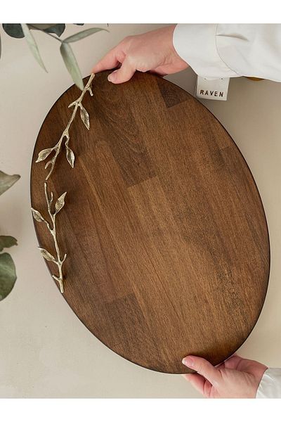 NOBLERAVEN DESIGN Large Size Wooden Tray with Brass Handles Dark Decorative