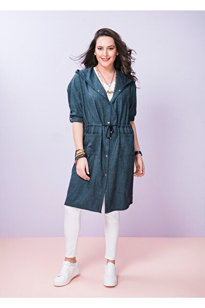 Even Plus Size - Büyük Beden Kadın Giyim Mavi Keten Büyük Beden Kadın Trençkot
