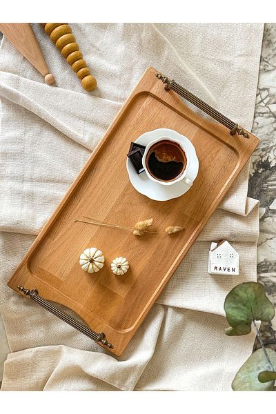 NOBLERAVEN DESIGN Wooden Tray, Natural Color, Antique Brass Handle