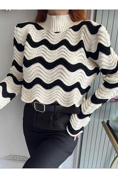 LİBASSİNİ Wave pattern stand collar knitwear crop sweater