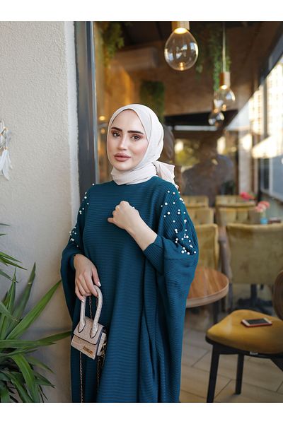 SAHRA BUTİK Petrol Colored Shoulder Pearl Detailed Bat Knitwear Seture Dress - Sahra Boutique