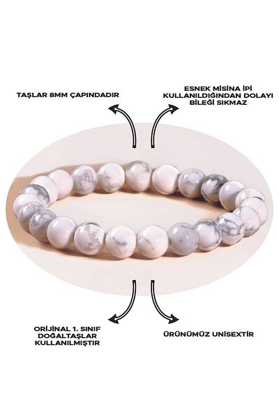 Ssilhoutte Doğaltaş Natural Stone Bracelet - Certified Hand Work - Howlite - Mental and Emotional Balance Bracelet