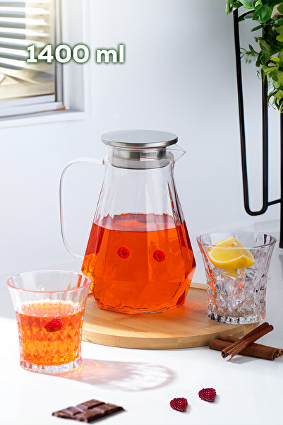 Porsima 200-103 Borosilikat Cam Sürahi Metal Kapaklı Cam Karaf - Detoks Sürahi 1400 ML