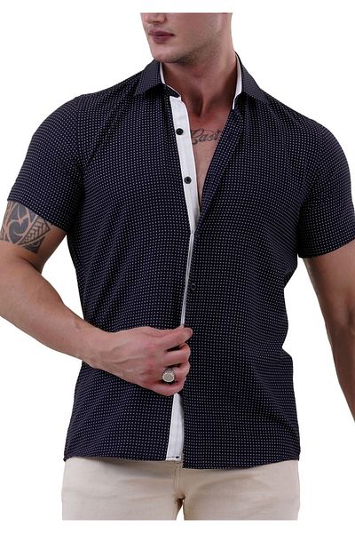 Exve Exclusive White Geometric Patterned Navy Blue Slim Fit Summer Shirt
