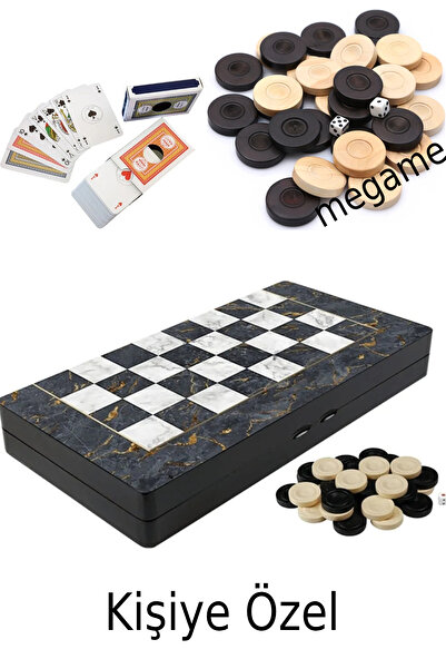 megame Kişiye Özel Ahşap Pullu Mermer Desen Tavla Cilalı Lüx Dama Oyun Takımı...