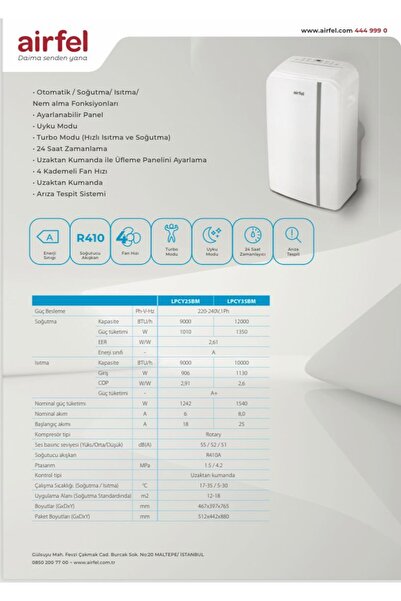 Airfel AİRFEL LPCY35BV1BM 12.000 BTU A SINIFI R410 GAZ MOBİL KLİMA