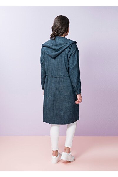 Even Plus Size - Büyük Beden Kadın Giyim Mavi Keten Büyük Beden Kadın Trençkot