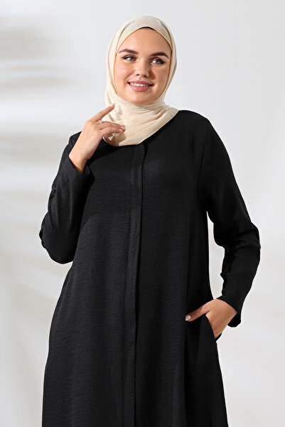ihvan online Μαύρο λινό Look Κρυφό φερμουάρ Hijab Διπλό Σετ - Ρούχα Hajj Umrah