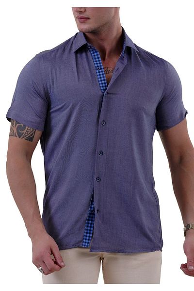 Exve Exclusive 100% Cotton Navy Blue Slim Fit Summer Shirt - Denim Look, Short Sleeve