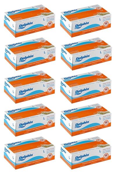 Dolphin قفازات لاتكس خالية من البودرة حجم كبير 10 علبة (100 قطعة)