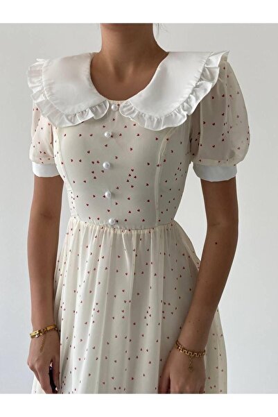 Afiş Butik Heart Patterned Ecru Chiffon Dress - Baby Collar