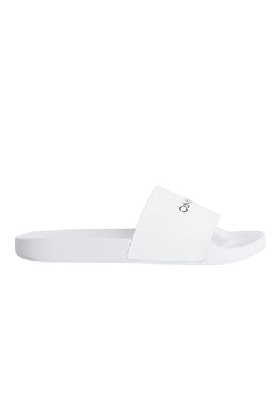 Calvin Klein Men's Brand Logo Rubber Sole Synthetic Material White Slippers Suitable for Beach and Daily Use Hm0