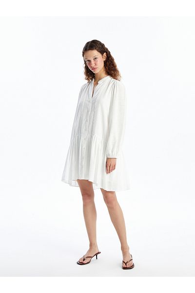LC Waikiki Langärmliges, besticktes Hemdkleid mit ausgefallenem Kragen für Damen