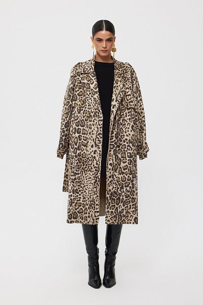 Seda Yalçın Atelier Leopard Patterned Cream Trench Coat - with Belt and Back Slit