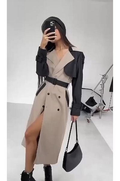 MYDDUKKAN Bondit Fabric Leather Garni Trench Coat