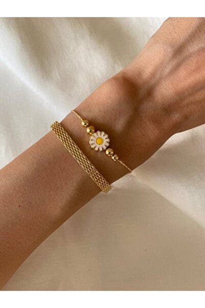 MagicStone سوار ذهبي مزدوج مع سلسلة من القش وتفاصيل زهرة الأقحوان