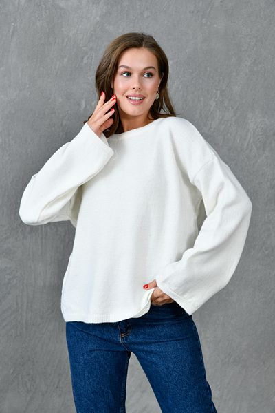 vuvutasarım Ecru Oversize Knitwear Sweater - Wide Sleeve, Off Shoulder, Crew Neck 4091