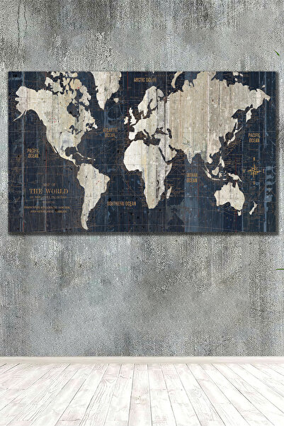 PrintiesPlus Gümüş Detay Eskitme Dünya Haritası Kanvas Tablo