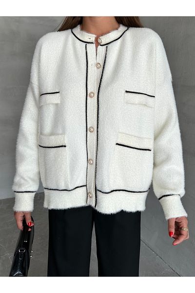Laluvia Ekrü-fekete Pocket Glitter Cardigan-th 241047