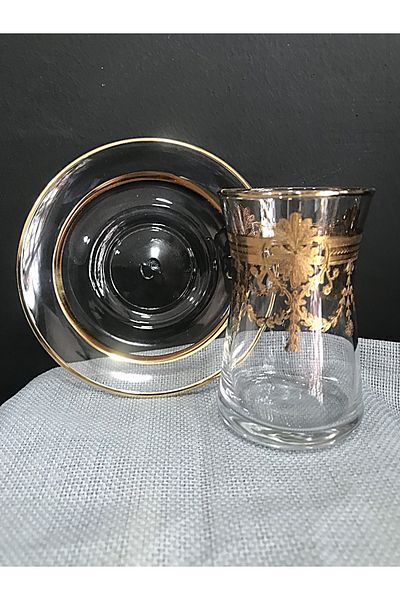 DECOSTYLE 12 Piece Pantograph Embroidered Gold Hand Tea Set