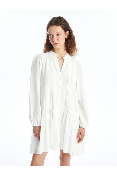 LC Waikiki Langärmliges, besticktes Hemdkleid mit ausgefallenem Kragen für Damen