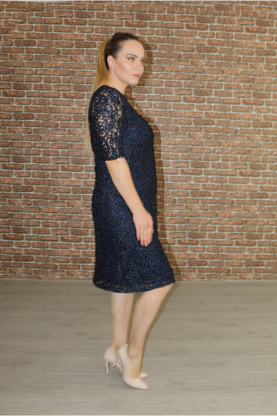 Nidya Moda Navy Blue Lace Plus Size Women's Evening Dress - 4161L