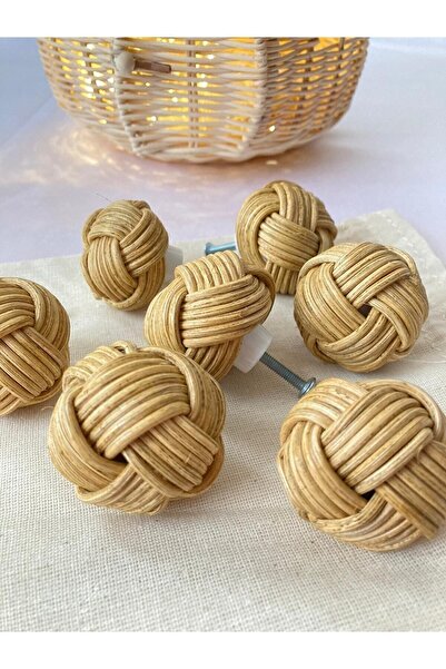 kumru by saadet & fatma Bohem Hasır Bambu Rattan Yuvarlak Kulp - Açık Meşe Renk