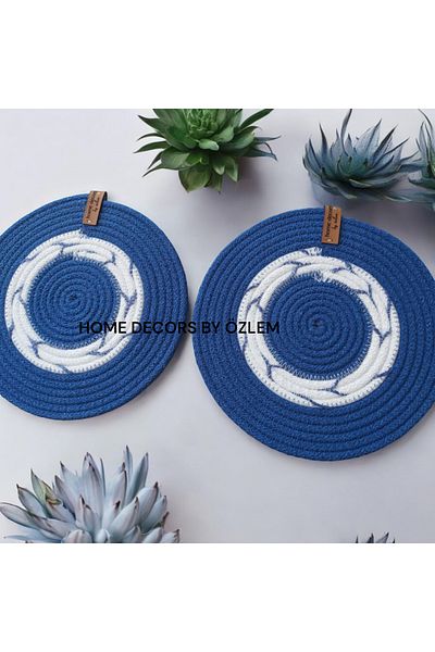 home decors by özlem 2-Piece Blue-White Trivet Straw Handmade Kitchen Accessory Style Fashion Dining Tableware - 22x22cm
