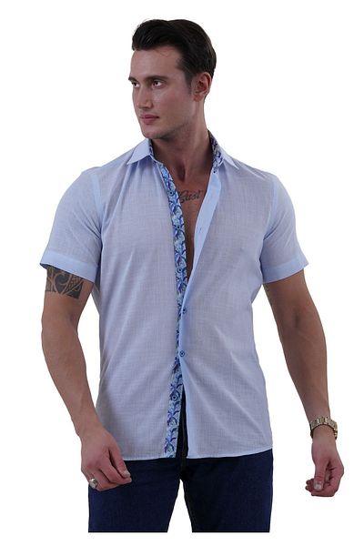 Exve Exclusive Cămașă de vară evazată albastră slim fit din in - Detaliu cu imprimeu Pat, mânecă scurtă