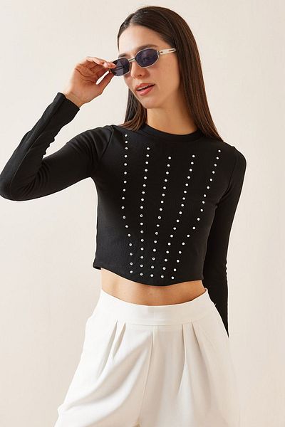 XHAN Black Crew Neck Jewelled Crop Blouse 5Yxk2-48936-02