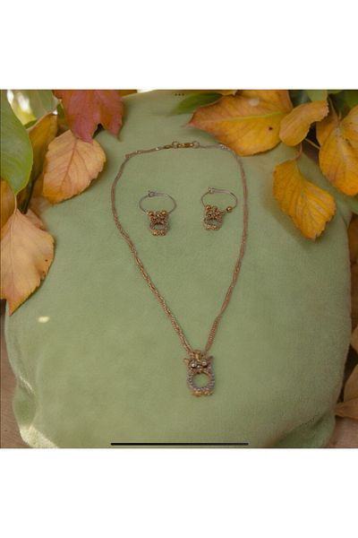 feyza collection Owl Necklace and Earring Set - Set of 3 Zircon Stones