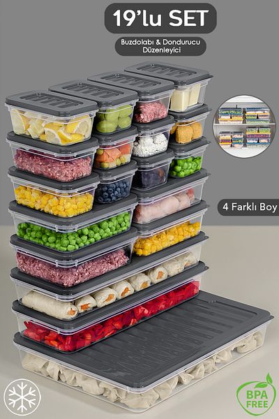 Meleni Home Anthracite 19 Piece Storage Container - 1X2400Ml 2X1170Ml 4X600Ml 12X240Ml Suitable for Microwave and Diffraction