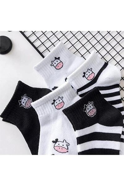 Bhk butik Pack of 5 Women's Gift Cow Pattern Black and White Socks