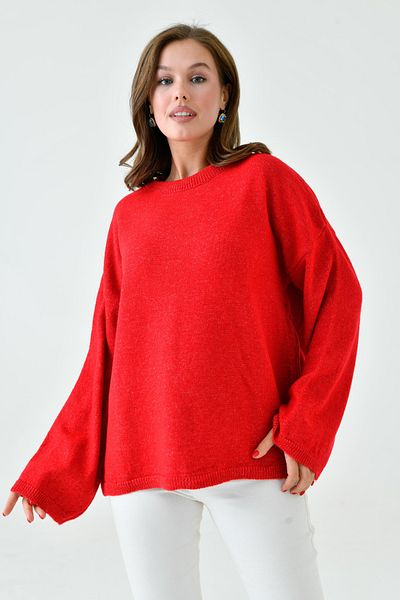 bayansepeti Roter Oversize-Strickpullover – schulterfrei, spanischer Ärmel, Rundhalsausschnitt, lange Ärmel 4091